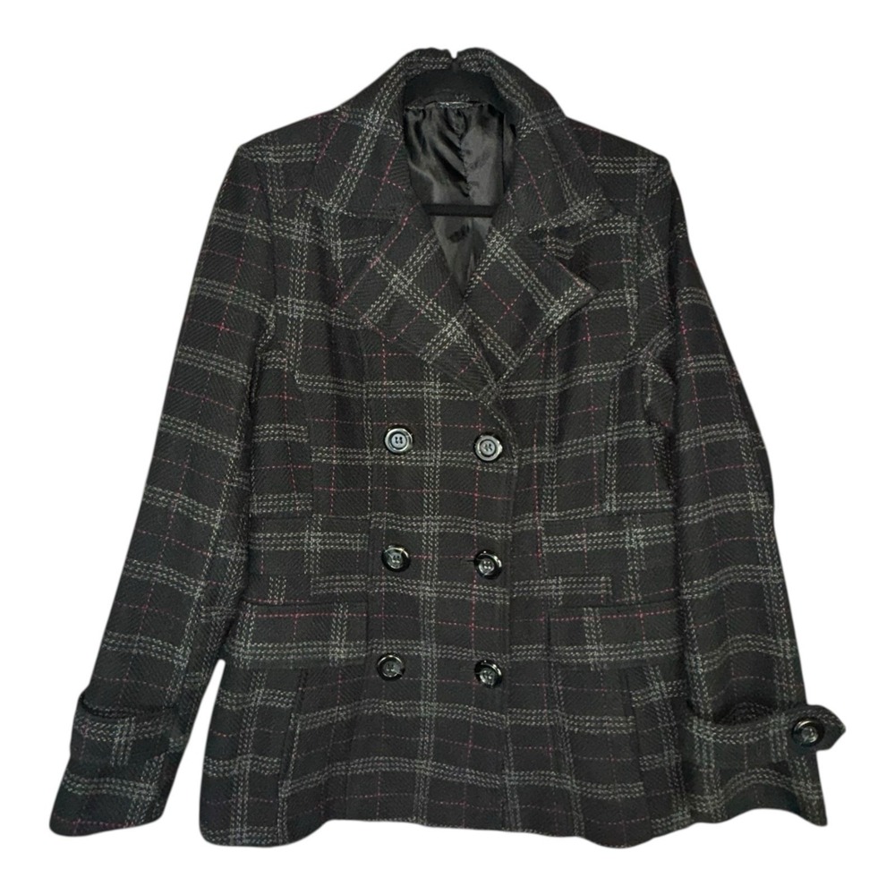 George Women's Double Breasted Plaid Pea Coat Black/Grey/Pink Wool Blend Sz M